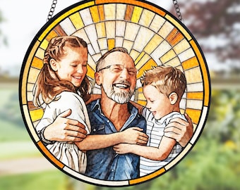 Personalized Fathers Day Gift, Custom Grandpa Portrait Stained Glass, Dad Gift From Kid, Papa Birthday Gifts, Dad Suncatcher Window Hanging