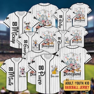 May include: White baseball jerseys with black pinstripes and Disney character designs. The jerseys feature Mickey Mouse, Minnie Mouse, Goofy, Donald Duck, and Pluto. Some jerseys have the text "Disneyland" and "Your Name".