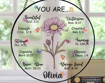 Custom You Are Bible Verse Stained Glass, Personalized Inspiration Bible Suncatcher, Flower Christian Religious Gift, Affirmations Gift