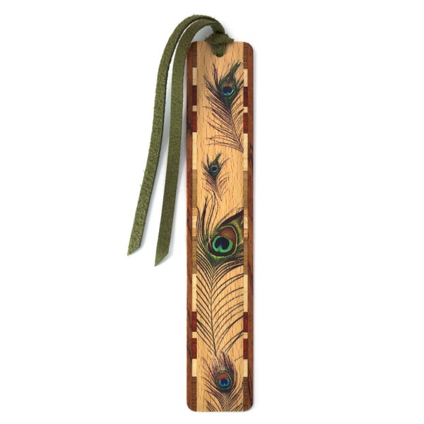 Peacock Feathers Handmade Wooden Bookmark  - Made in the USA