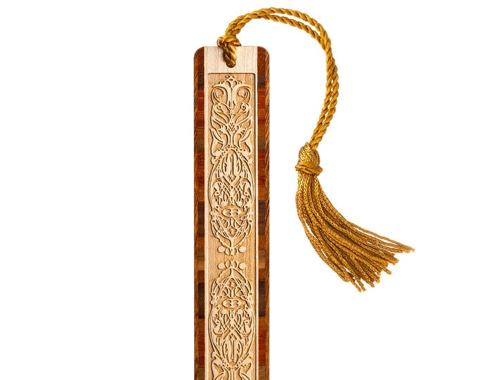 Ornate Design Handmade Engraved Wooden Bookmark with Tassel - Made in the USA