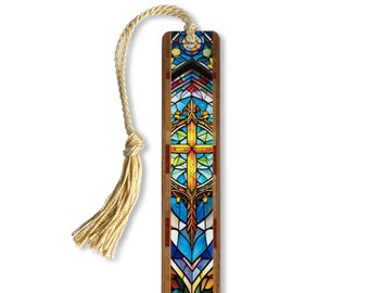 Gold Cross Stained Glass Design Handcrafted Wooden Bookmark with Tassel by Mitercraft - Made in USA