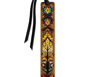 Stained Glass Design (Double-Sided) Handcrafted Wooden Bookmark with Tassel by Mitercraft - Made in the USA