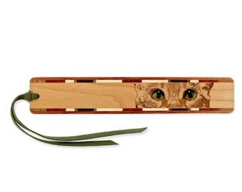 Cat Eyes Engraved Wooden Bookmark with Color Accents - Made in the USA