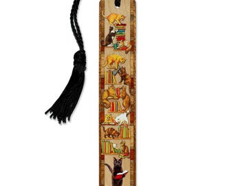 Cat Bookshelf Bookmark – Wooden Bookmark with Funny Cats and Books – Handcrafted Gift for Cat Lovers & Readers – Made in the USA