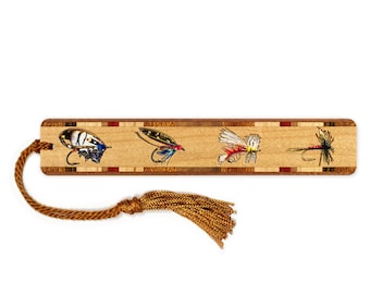 Fly Fishing Lures Wooden Bookmark Engraved with Color Accents - Handmade in the USA