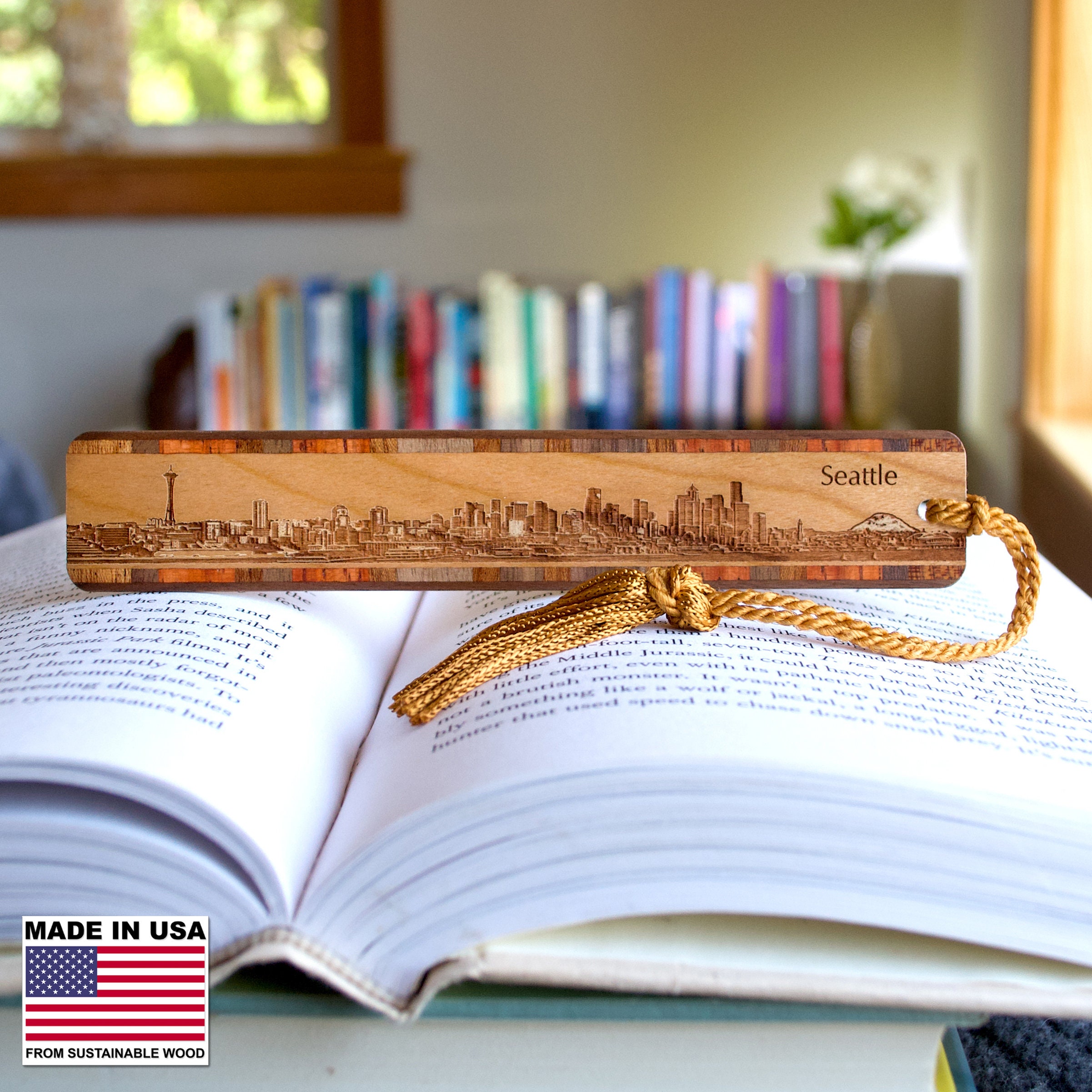 Seattle Skyline Wooden Bookmark - Moonlit Cityscape With Suede Tassel, Made In USA