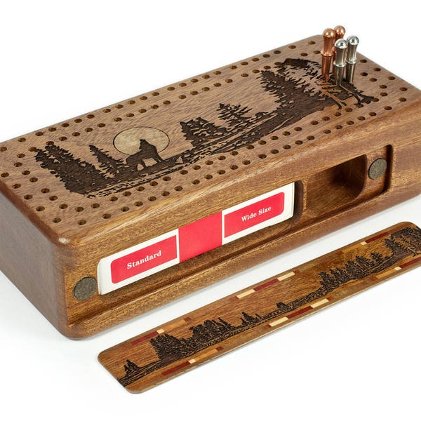 Wolf Wooden Cribbage Board Engraved Handmade includes Pegs and Cards