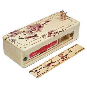 Wooden Cribbage Board Cherry Blossom Design Includes Pegs and Cards
