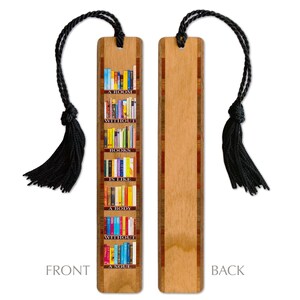 May include: Two rectangular wooden bookmarks with black tassels. The front bookmark features a vertical graphic of colorful bookshelves and the text A ROOM WITHOUT BOOKS IS LIKE A BODY WITHOUT A SOUL. The back bookmark is plain light brown wood.