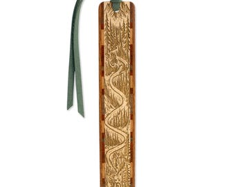 Laser Engraved Wood Bookmark – Mountain Biker Trail Design, Forest Adventure Gift