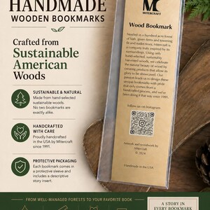 May include: A wooden bookmark in a clear plastic sleeve with a descriptive paper insert. The insert features the Mitercraft logo, text about sustainable American woods, a QR code, and information about the handcrafted process since 1991.