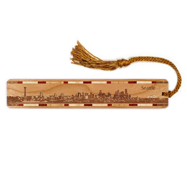 Seattle Washington City Skyline Engraved Wooden Bookmark - Made in the USA