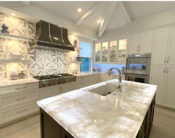 White Quartz Countertop | Modern Luxury Kitchen Island | Elegant Marble Look Quartz Slab Decor
