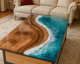 Handmade Ocean Wave Epoxy Resin Coffee Table | Live Edge Wood Center Table