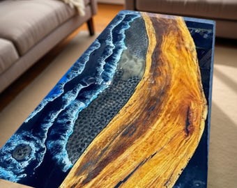 Handcrafted Blue Ocean Epoxy River Table | Acacia Wood, Custom Furniture