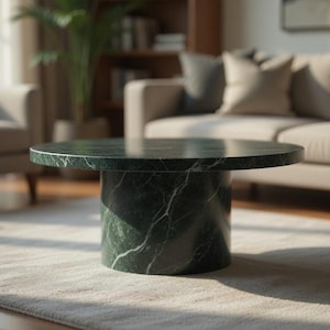 May include: A round coffee table with a dark green marble top and a cylindrical base. The marble has white veining throughout. The table is in a living room setting with a neutral-colored rug and sofa.