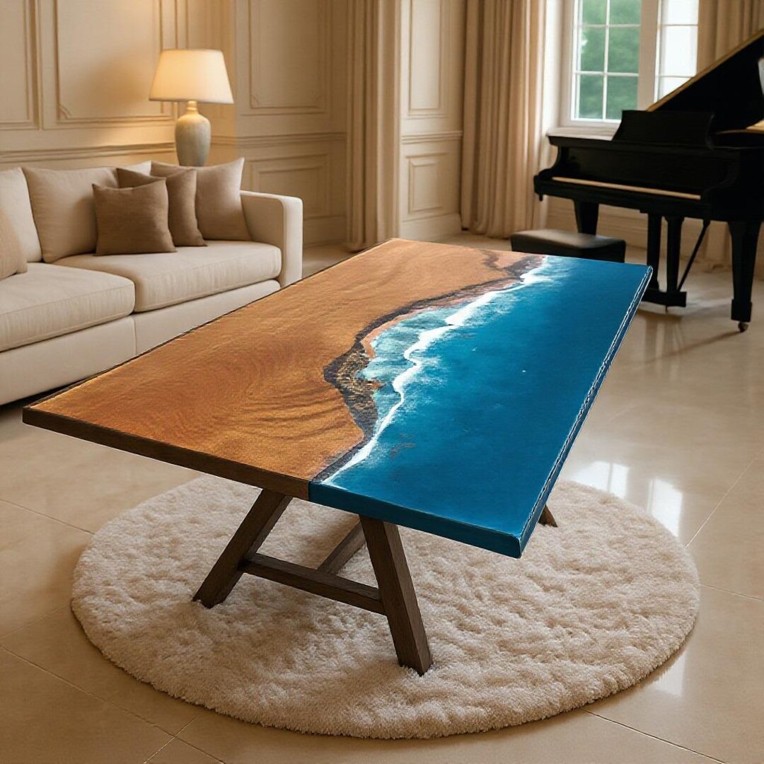 Handmade Ocean Wave Epoxy Resin Table | Live Edge Wood, Beach Decor - Etsy