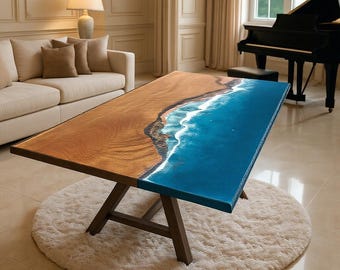 Handmade Ocean Wave Epoxy Resin Table | Live Edge Wood, Beach Decor
