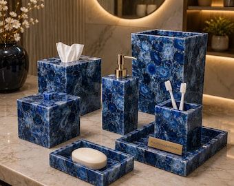Blue Agate Bathroom Accessories Set of 7 | Handmade Stone Vanity Collection