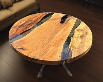 Handmade Round Live Edge Wood Epoxy Coffee Table – Custom Resin Furniture
