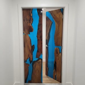 Coastal Blue Epoxy Double Barn Door | Handmade Resin Wood Sliding Door
