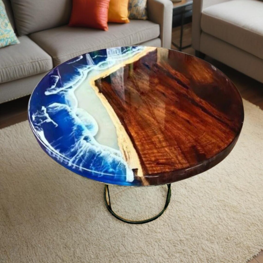 Handmade Round Epoxy Ocean Table – Live Edge Wood, Blue Resin - Etsy