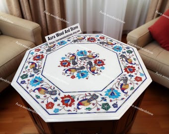 Marmor Inlay Couchtisch - Handgemachte Pfau & Florale Steinkunst