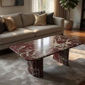 Luxury Rosso Levanto Marble Coffee Table – Fluted Rectangular Plinth Base