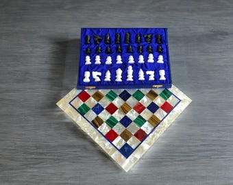 Mother of Pearl Chess Set | Handmade Marble Inlay, Stone Furniture Decor