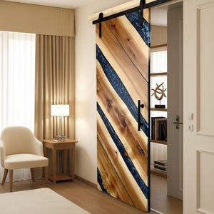 Handgemaakte oceaanblauwe epoxy staldeur | Rustieke houten schuifdeur | Kustkunstontwerp voor moderne interieurs