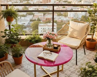 Mesa redonda artesanal de epoxi rosa / Mesa de centro de resina de lujo / Mueble artístico moderno para la decoración del hogar y la oficina