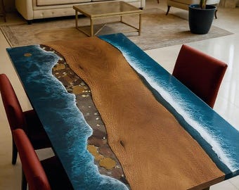 Mesa de comedor de resina epoxi oceánica hecha a mano: madera de canto vivo, decoración costera