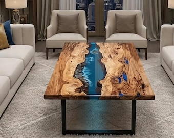 Handmade Blue Epoxy River Dining Table | Live Edge Solid Wood Luxury Furniture