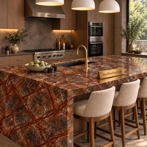May include: A kitchen island with a polished brown and red veined stone countertop and waterfall edge. Three beige upholstered bar stools with wooden legs are positioned alongside. A gold faucet, a bowl of artichokes, and a sign reading AuraWoodAndStone.