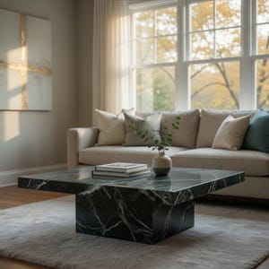 May include: A square, dark green marble coffee table with white veining. The table sits on a matching base and is in front of a beige sofa with pillows. A vase with greenery and books are on the table.