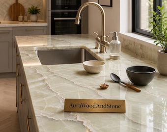 Encimera de cocina verde / Encimera de isla de ónix a medida / Encimera estilo mármol moderno / Decoración de cocina de primera calidad