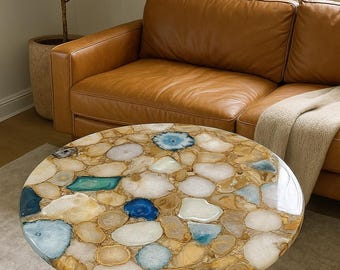 Mesa de centro de mosaico de ágata hecha a mano – Decoración bohemia