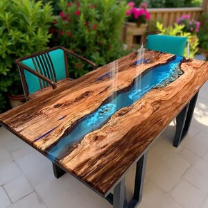 Mesa de comedor de epoxi azul personalizada: mesa de madera epoxi con borde natural, mesa de cocina y comedor hecha a mano, muebles rústicos modernos
