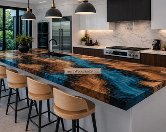 Blue River epoxy aanrechtblad | Kookeiland van hout en hars | Op maat gemaakt ambachtelijk oppervlak