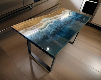 Mesa de centro feita à mão em resina epóxi Ocean Wave – Madeira com bordas vivas, decoração costeira