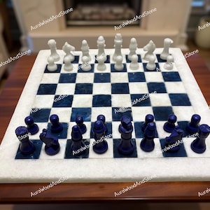 Stone Chess Set with Lapis Lazuli Inlay | Marble Chess Board | Handmade Gift for Chess Lover | Collectible Home Decor