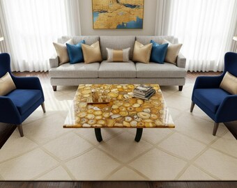 Quadratischer brauner Achat Couchtisch | Handgefertigte Edelstein Möbel | Luxus Wohnzimmer Dekor & Statement Tisch