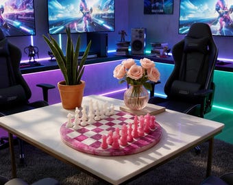 Tablero de ajedrez de ágata rosa hecho a mano / Juego de ajedrez de cristal de lujo / Juego de piedras preciosas naturales / Elegante idea de regalo para decoración del hogar y la oficina