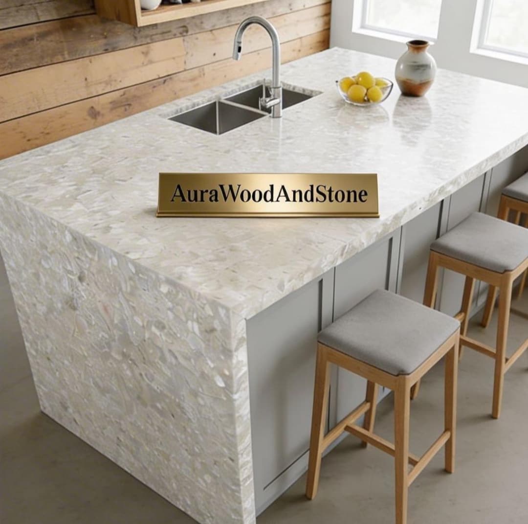 Shell Counter Top Mother of Pearl Countertop | Custom Shell Inlay Waterfall Island ...