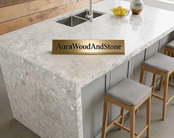 Mother of Pearl Countertop | Custom Shell Inlay Waterfall Island Surface