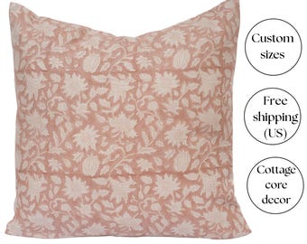 French Country pillow cover Floral Pillow Cover cottage core Blush pink Throw pillow Farmhouse Rustic Home Decor gift Block print pillow