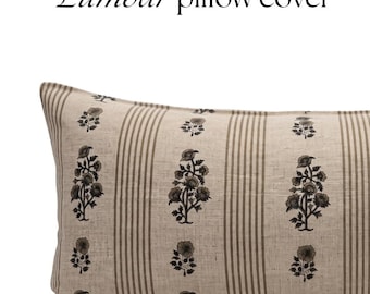 Blumenmuster-Lendenkissenbezug, braun, blockbedruckt, langes Lendenkissen, gestreiftes Dekokissen im Landhausstil, Landhausdeko