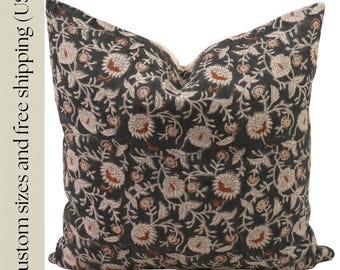 Floral Pillow Cover Spring charcoal gray black Throw pillow block print pillow cover linen Farmhouse Style Home Decor cottage core pillow