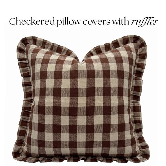 Checkered Pillow cover with ruffles checkered pillow gingham pillow cover Farmhouse Country Throw pillow Linen brown pillow cover ruffles